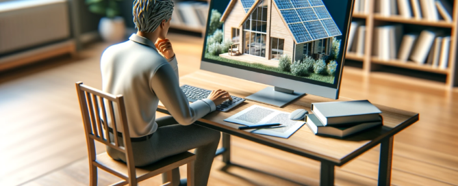 Image of a person sitting at a desk, looking at a computer screen displaying a house with solar panels on the roof.
